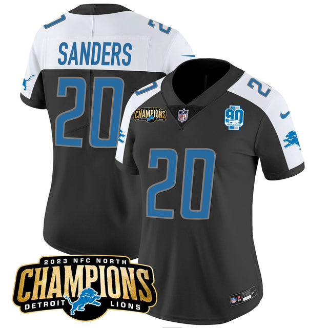 Women's Detroit Lions 2023 NFC North Champions Patch Vapor Jersey V2 - All Stitched - Black Alternate - Barry Sanders — view 1