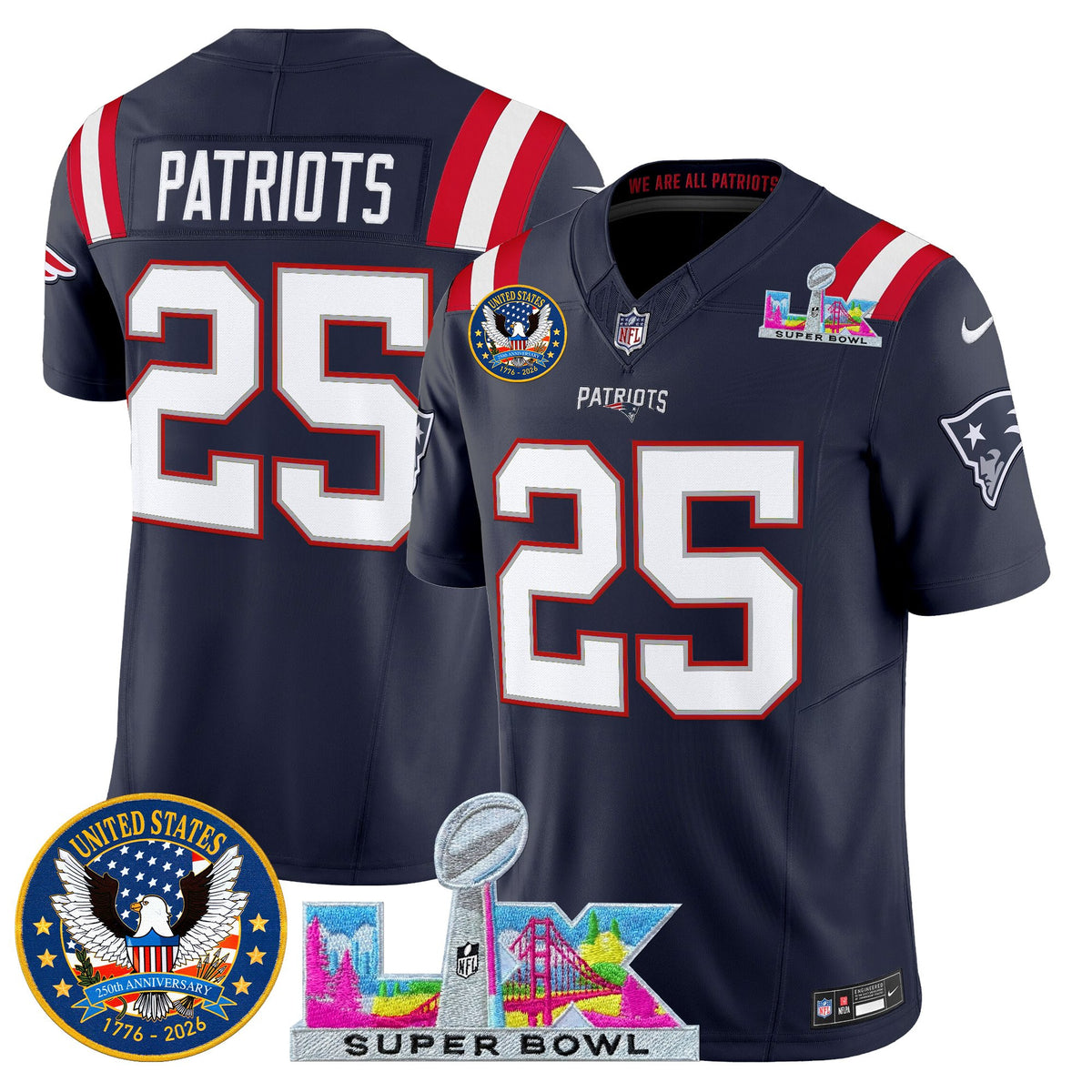 Men's New England Patriots Super Bowl LX & United States 250th Patch Vapor Limited Jersey - All Stitched - Navy - #25 Patriots — view 1