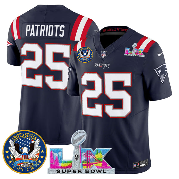 Men's New England Patriots Super Bowl LX & United States 250th Patch Vapor Limited Jersey - All Stitched - Navy - #25 Patriots — view 1
