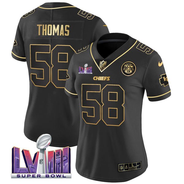 Women's Chiefs Super Bowl LVIII Patch Vapor Jersey V4 - All Stitched - Black Gold - Derrick Thomas — view 1