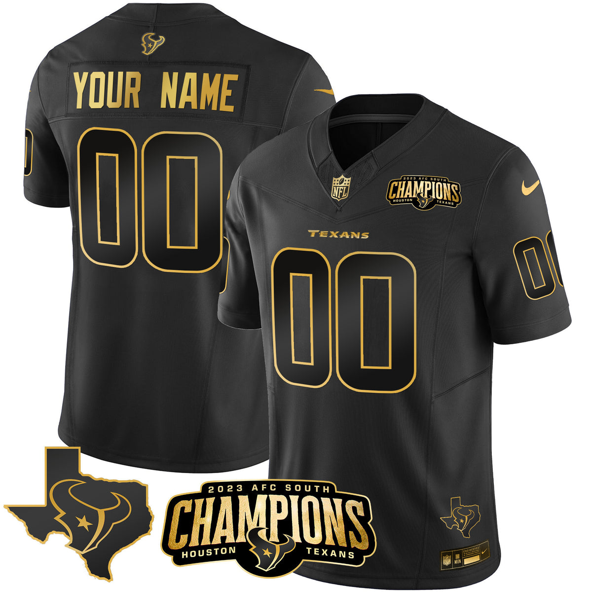 Houston Texans 2023 AFC South Champions Patch Gold Vapor Custom Jersey - All Stitched - Black Gold — view 1