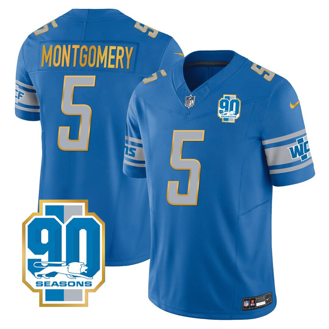 Men's Detroit Lions 90th Year Patch Gold Trim Jersey - All Stitched - Blue - David Montgomery — view 1