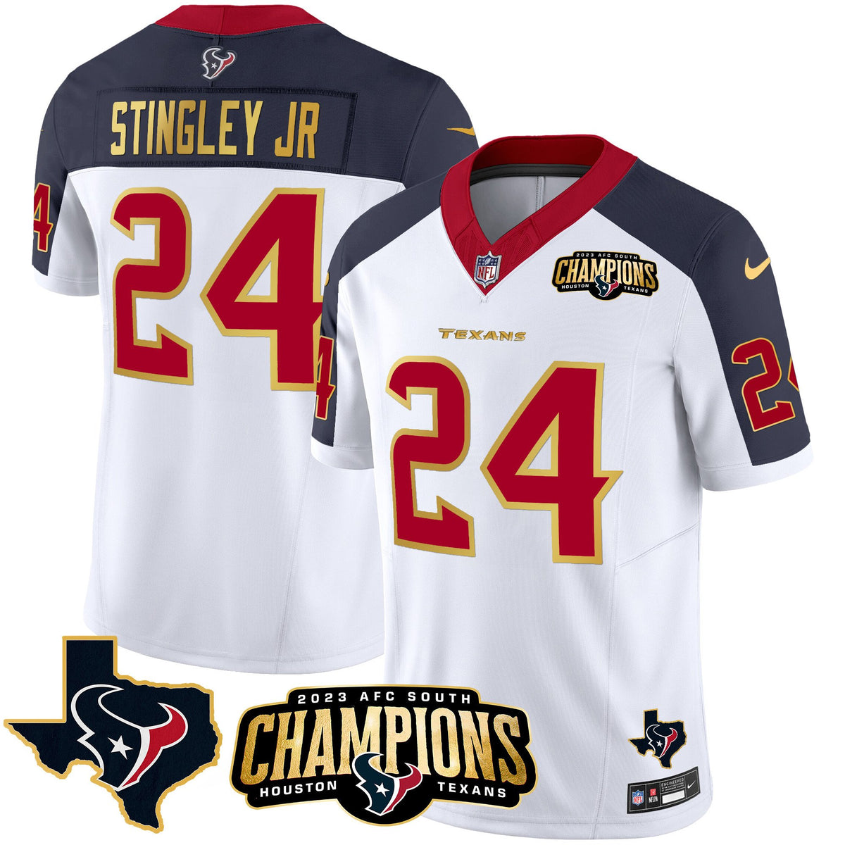 Men's Houston Texans 2023 AFC South Champions Patch Gold Trim Vapor Jersey - All Stitched - Inverted - Derek Stingley Jr — view 1