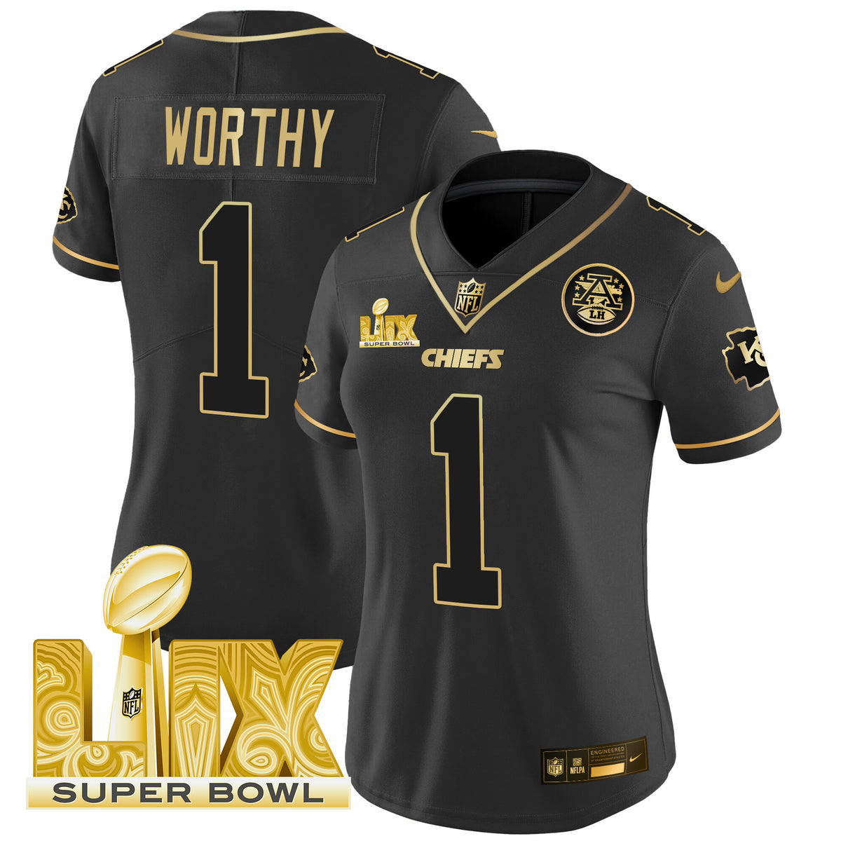 Women's Chiefs Super Bowl LIX Patch Gold Vapor Limited Jersey - All Stitched - Black Gold - Xavier Worthy — view 1