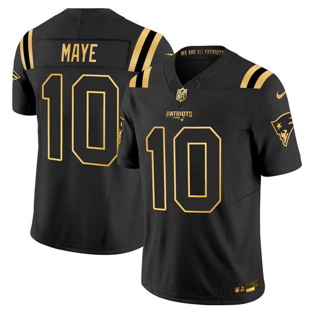 Men's New England Patriots 2025 Gold Vapor Limited Jersey - All Stitched - Black Gold - Drake Maye — view 1