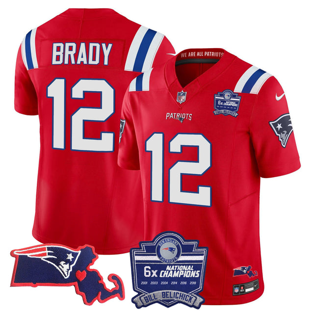 Men's Patriots Bill Belichick 6x Champions Patch Vapor Jersey - All Stitched - Red - Tom Brady — view 1