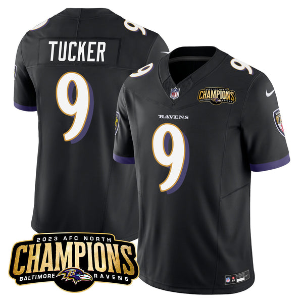 Men's Ravens 2023 AFC North Champions Patch Vapor Limited Jersey - All Stitched - Black - Justin Tucker — view 1