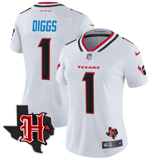 Women's Houston Texans 2024 Texas Patch Vapor Limited Jersey V5 - All Stitched - White - Stefon Diggs — view 1