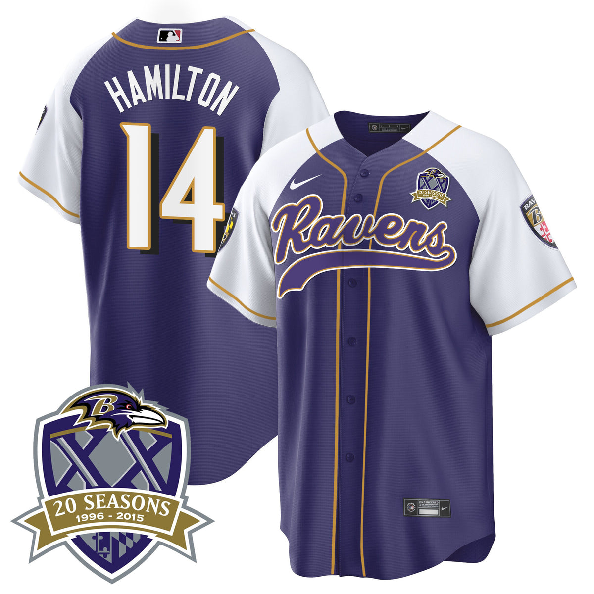 Men's Ravens 20th Season Patch Baseball Jersey - All Stitched - Purple Alternate - Kyle Hamilton — view 1