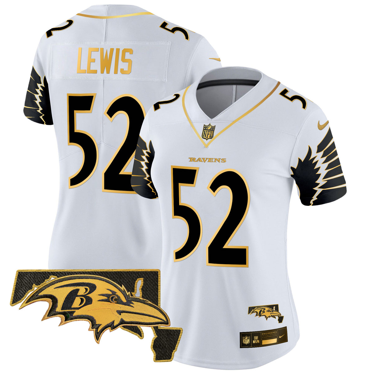 Women's Ravens Maryland Patch Gold Vapor Limited Jersey V2 - All Stitched - White Gold - Ray Lewis — view 1