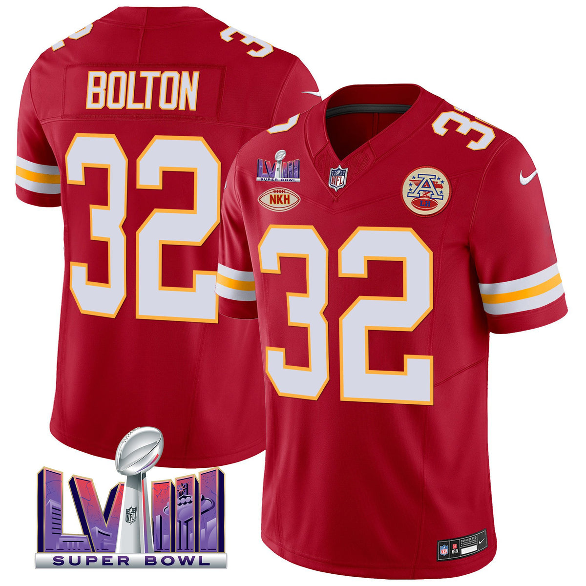 Men's Chiefs Super Bowl LVIII Patch Vapor Jersey V2 - All Stitched - Red - Nick Bolton — view 1