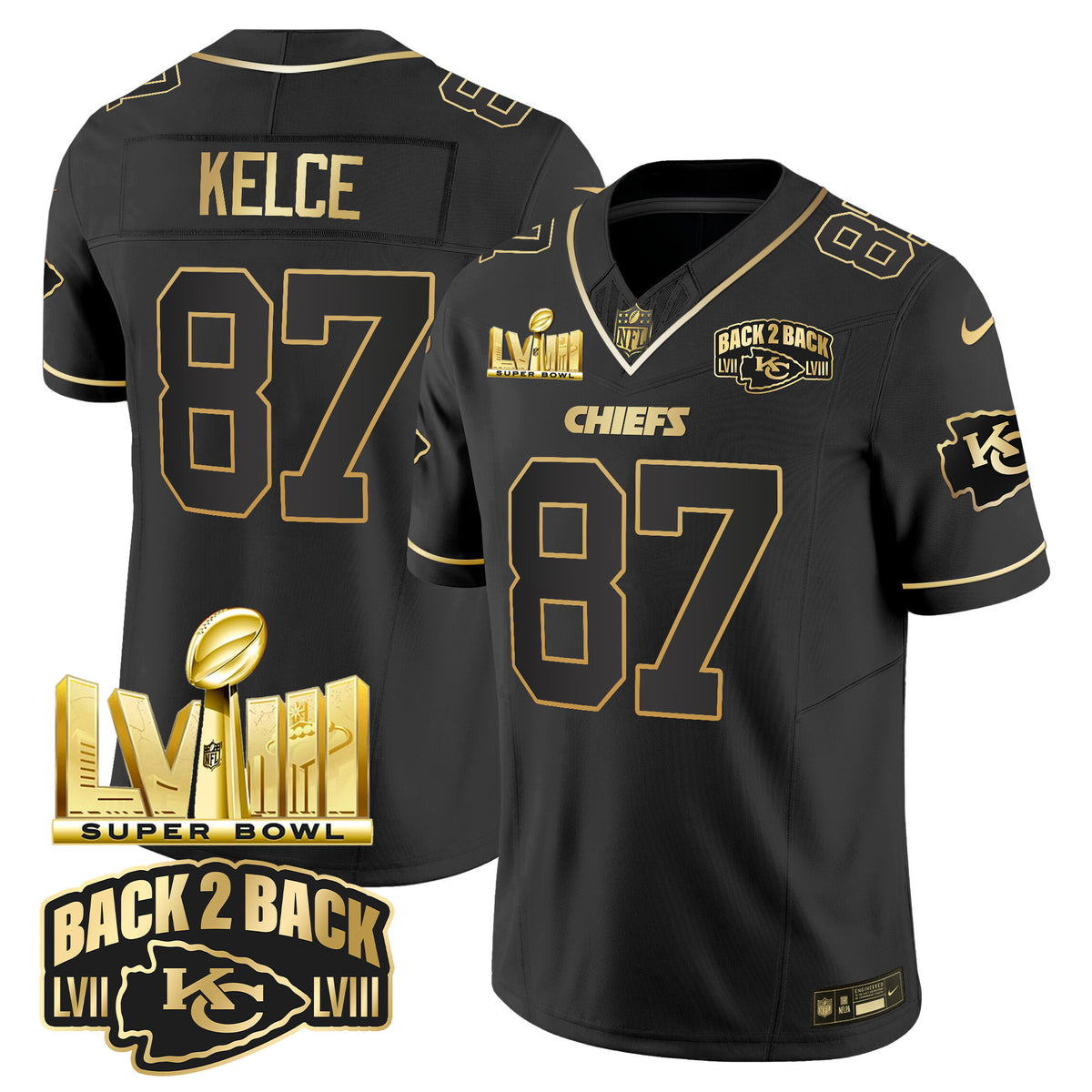 Men's Chiefs Super Bowl LVIII & Back 2 Back Gold Patch Vapor Jersey V2 - All Stitched - Black Gold - Travis Kelce — view 1