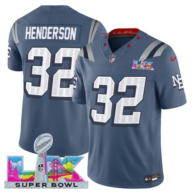 Men's New England Patriots Super Bowl LX Vapor Limited Jersey - All Stitched - Storm Blue - TreVeyon Henderson — view 1