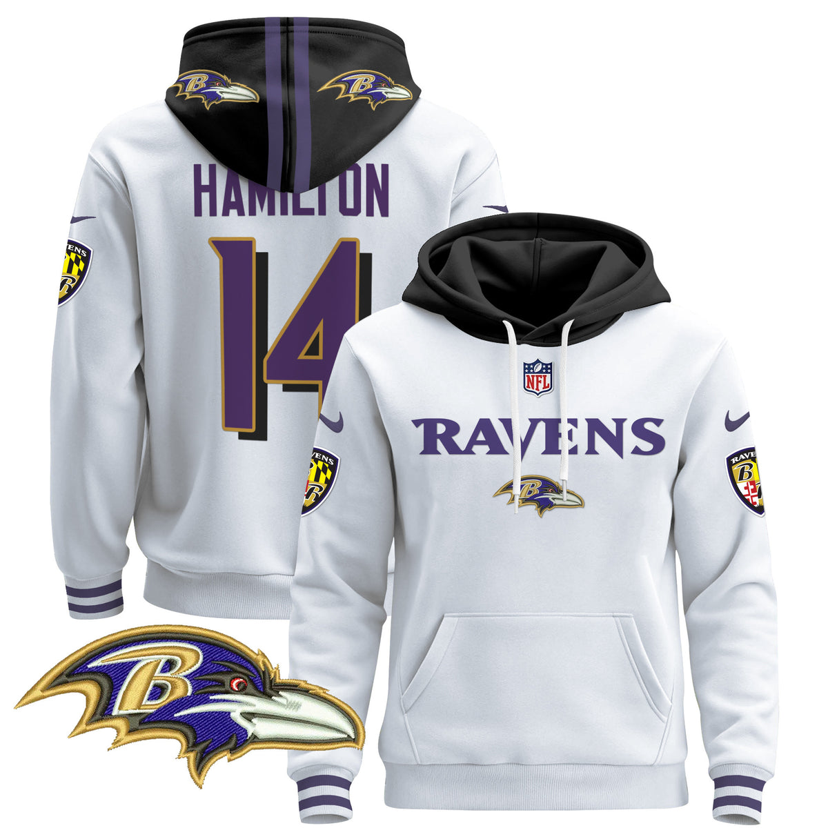 Men's Baltimore Ravens 2024 Pullover Hoodie V3 - All Stitched - White - Kyle Hamilton — view 1