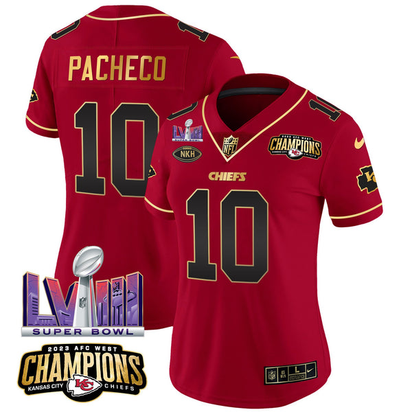 Women's Chiefs AFC West Champions & Super Bowl LVIII Patch Vapor Jersey - All Stitched - Red Special - Isiah Pacheco — view 1