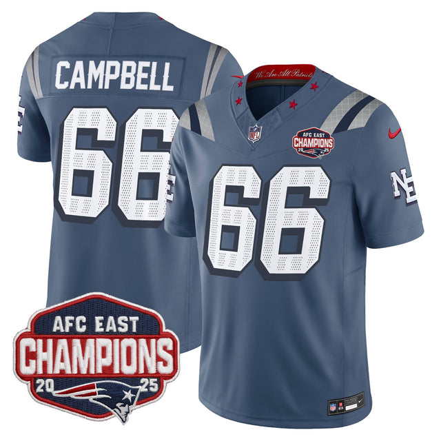 Men's New England Patriots 2025 AFC East Division Champions Vapor Limited Jersey - All Stitched - Storm Blue - Will Campbell — view 1