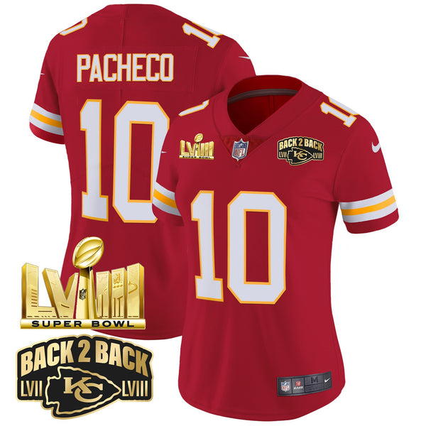 Women's Chiefs Super Bowl LVIII & Back 2 Back Gold Patch Vapor Jersey - All Stitched - Red - Isiah Pacheco — view 1