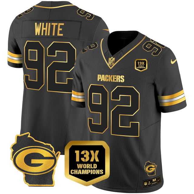 Men's Packers 13 Time World Champions & Home Patch Gold Vapor Jersey – All Stitched - Black Gold - Reggie White — view 1