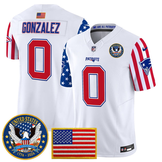 Men's New England Patriots America250 Edition Vapor Limited Jersey - All Stitched - White - Christian Gonzalez — view 1