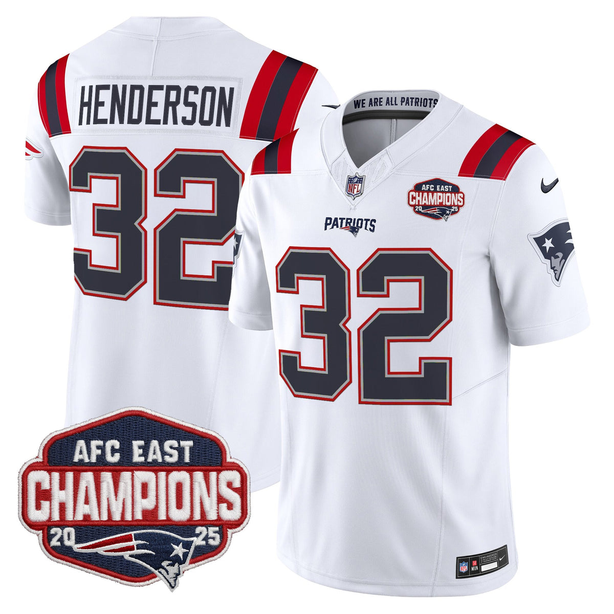 Men's New England Patriots 2025 AFC East Division Champions Vapor Limited Jersey - All Stitched - White - TreVeyon Henderson — view 1
