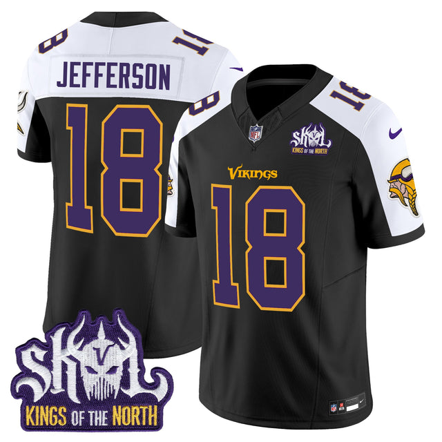 Men's Minnesota Vikings King Of The North Patch Throwback Vapor Limited Jersey V2 - All Stitched - Black Alternate - Justin Jefferson — view 1