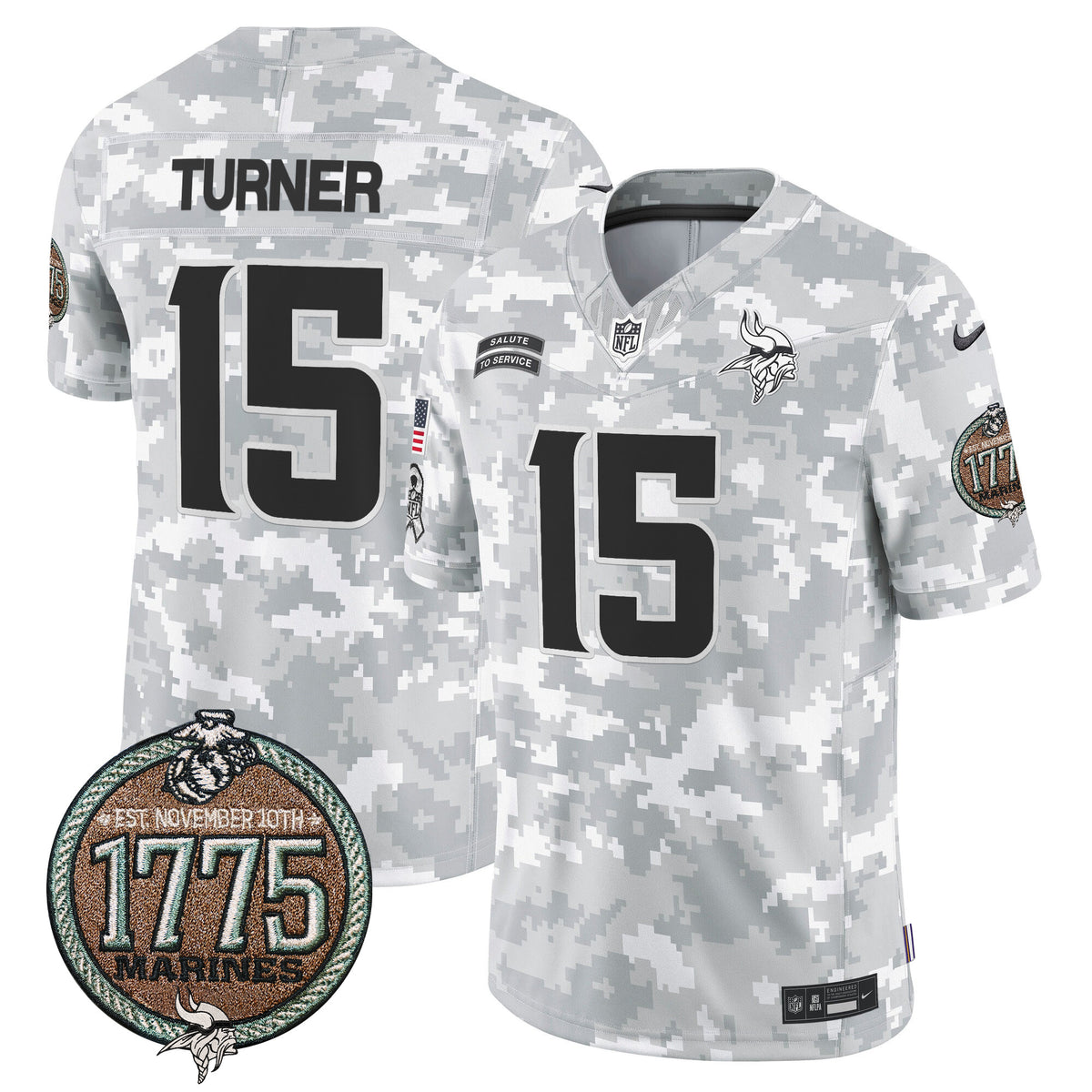 Men's Vikings 2024 Salute to Service Establishment Year Patch Vapor Limited Jersey - All Stitched - Marines - Dallas Turner — view 1