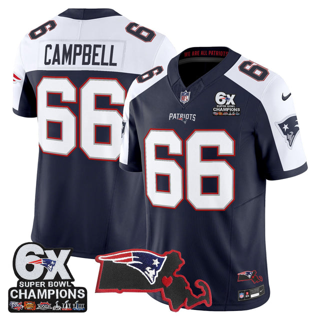 Men's New England Patriots 6-Time Champions & Massachusetts Patch Vapor Limited Jersey - All Stitched - Navy Alternate - Will Campbell — view 1