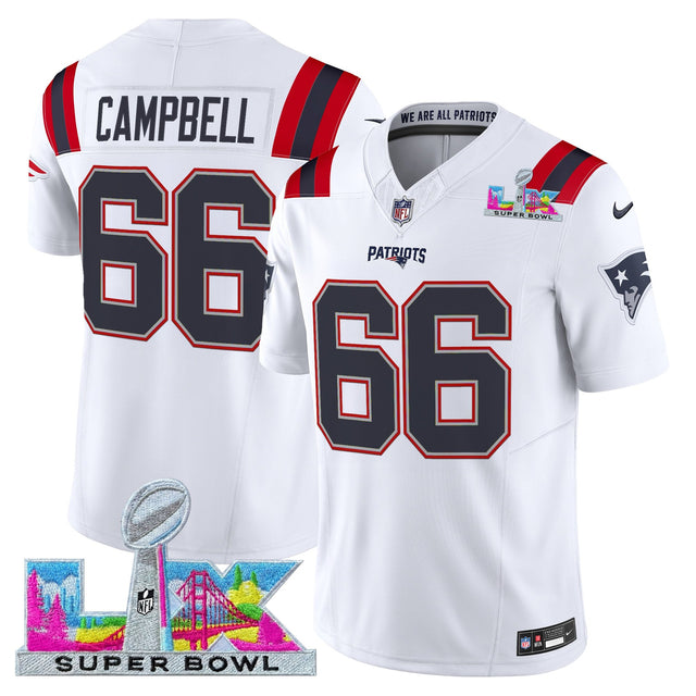 Men's New England Patriots Super Bowl LX Vapor Limited Jersey - All Stitched - White - Will Campbell — view 1