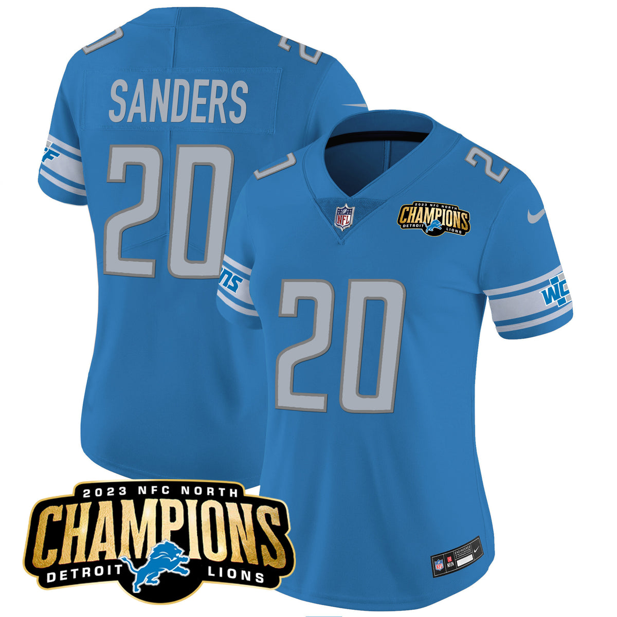 Women's Detroit Lions 2023 NFC North Champions Patch Vapor Jersey - All Stitched - Blue - Barry Sanders — view 1