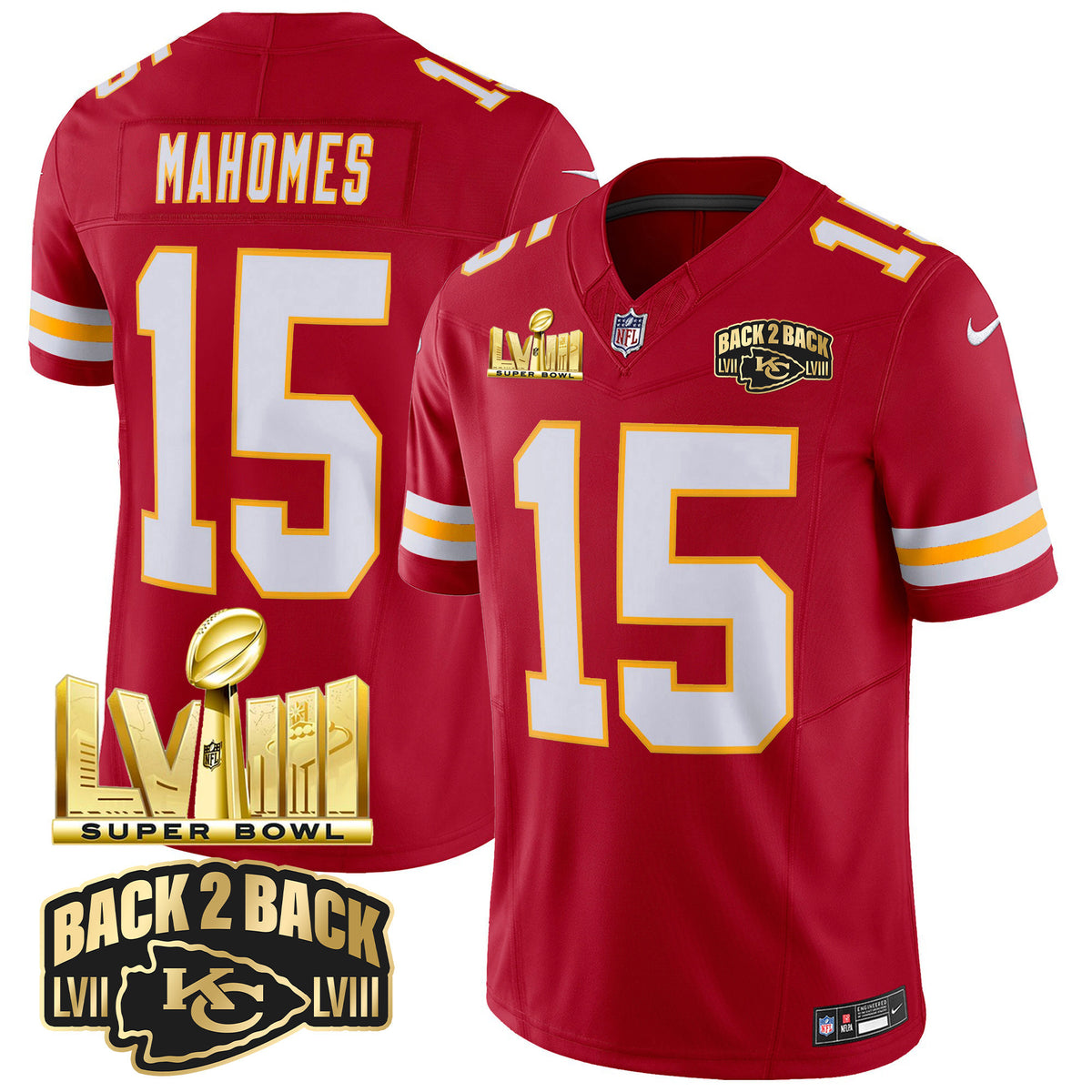 Men's Chiefs Super Bowl LVIII & Back 2 Back Gold Patch Vapor Jersey - All Stitched - Red - Patrick Mahomes — view 1