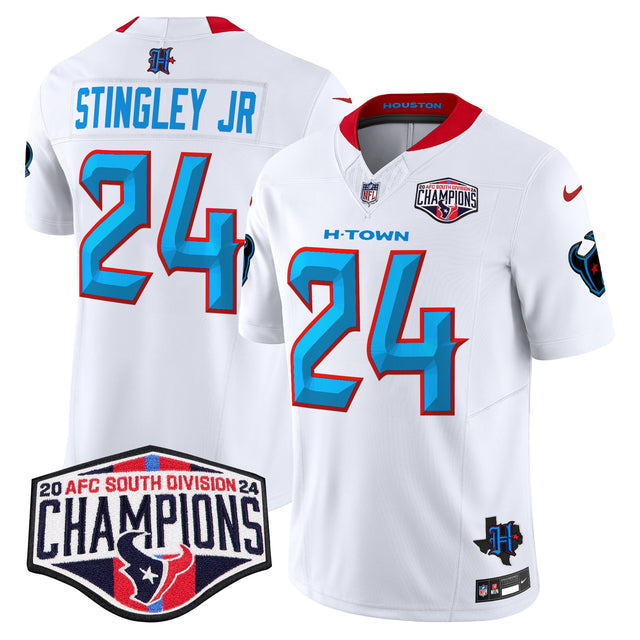 Men's Houston Texans 2024 AFC South Division Champions Patch Vapor Limited Jersey - All Stitched - White - Derek Stingley Jr — view 1