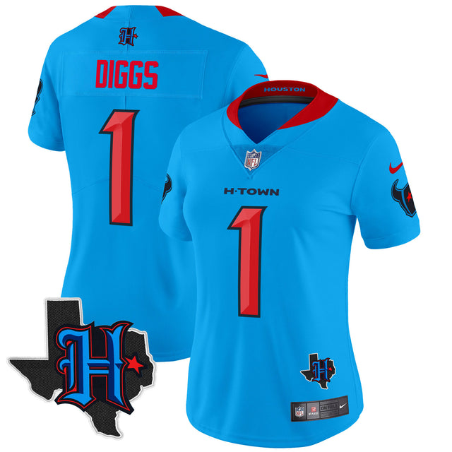 Women's Houston Texans 2024 Texas Patch Vapor Limited Jersey V2 - All Stitched - Blue - Stefon Diggs — view 1