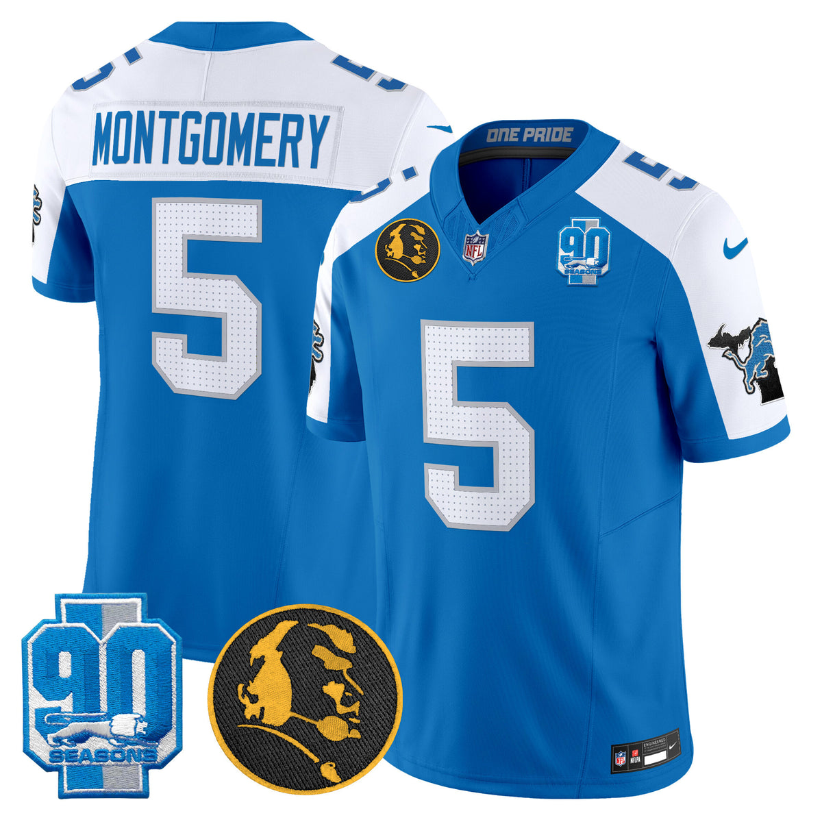 Men's Detroit Lions 2024 90th & John Madden Patch Vapor Limited Jersey - All Stitched - Blue Alternate - David Montgomery — view 1