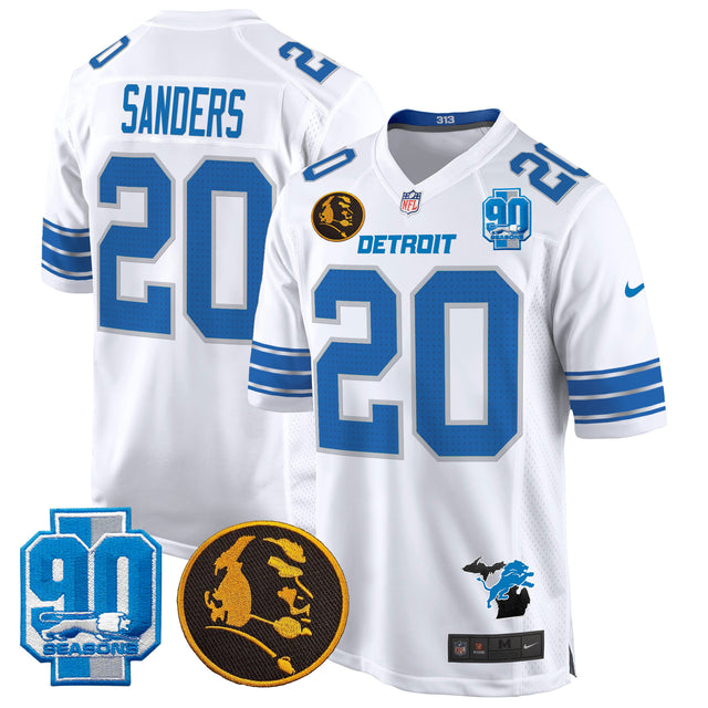 Men's Detroit Lions 2024 90th & John Madden Patch Game Jersey - All Stitched - White - Barry Sanders — view 1
