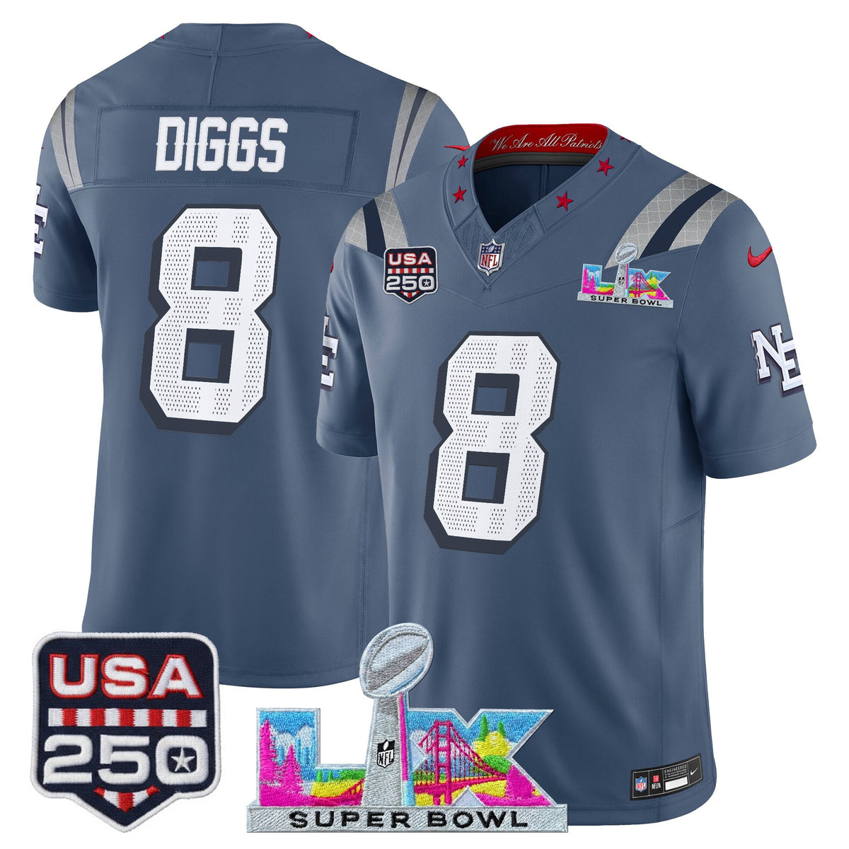 Men's New England Patriots Super Bowl LX & United States 250th Anniversary Patch Vapor Limited Jersey - All Stitched - Storm Blue - Stefon Diggs — view 1
