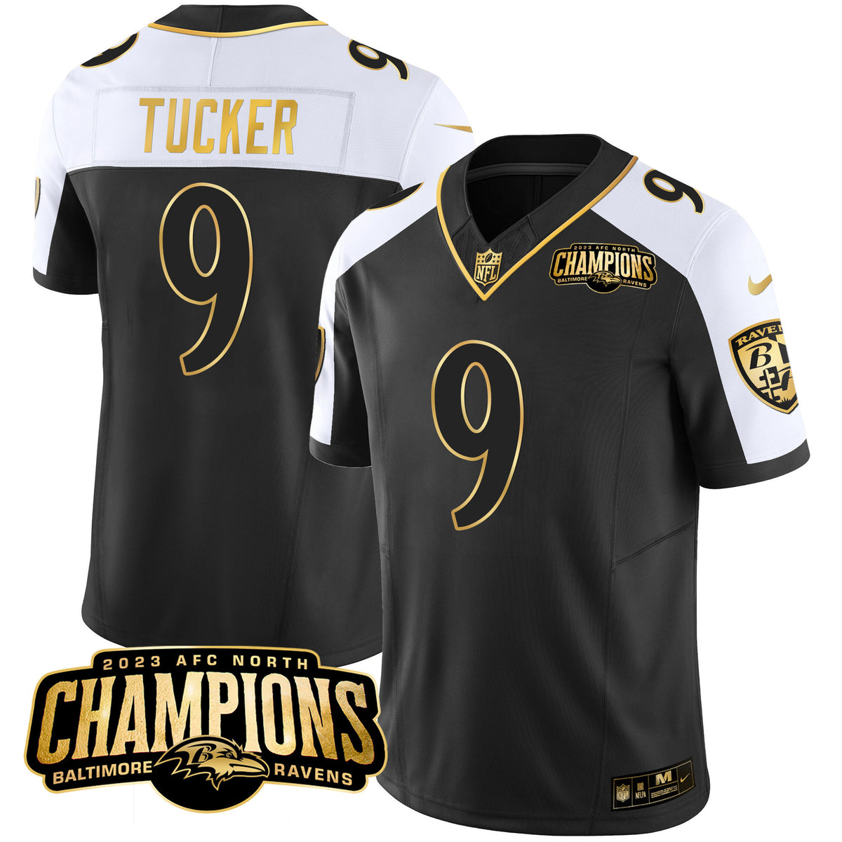 Men's Ravens 2023 AFC North Champions Patch Gold Vapor Jersey - All Stitched - Alternate - Justin Tucker — view 1