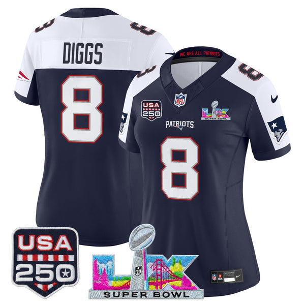 Women's New England Patriots Super Bowl LX & United States 250th Anniversary Patch Vapor Limited Jersey - All Stitched - Navy Alternate - Stefon Diggs — view 1