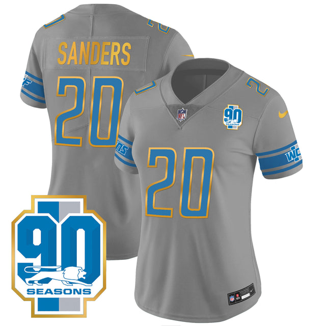 Women's Detroit Lions 90th Year Patch Gold Trim Jersey - All Stitched - Gray - Barry Sanders — view 1