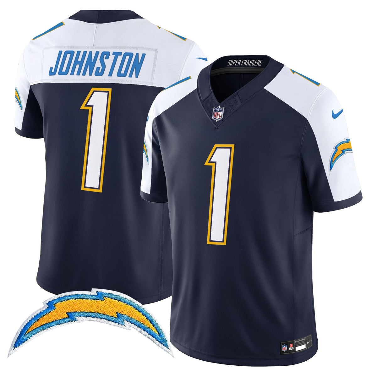 Men's Los Angeles Chargers 2025 Alternate Charger Power Vapor Limited Jersey - All Stitched - Navy Alternate - Quentin Johnston — view 1