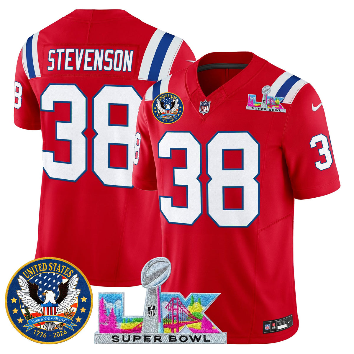 Men's New England Patriots Super Bowl LX & United States 250th Patch Vapor Limited Jersey - All Stitched - Red - Rhamondre Stevenson — view 1
