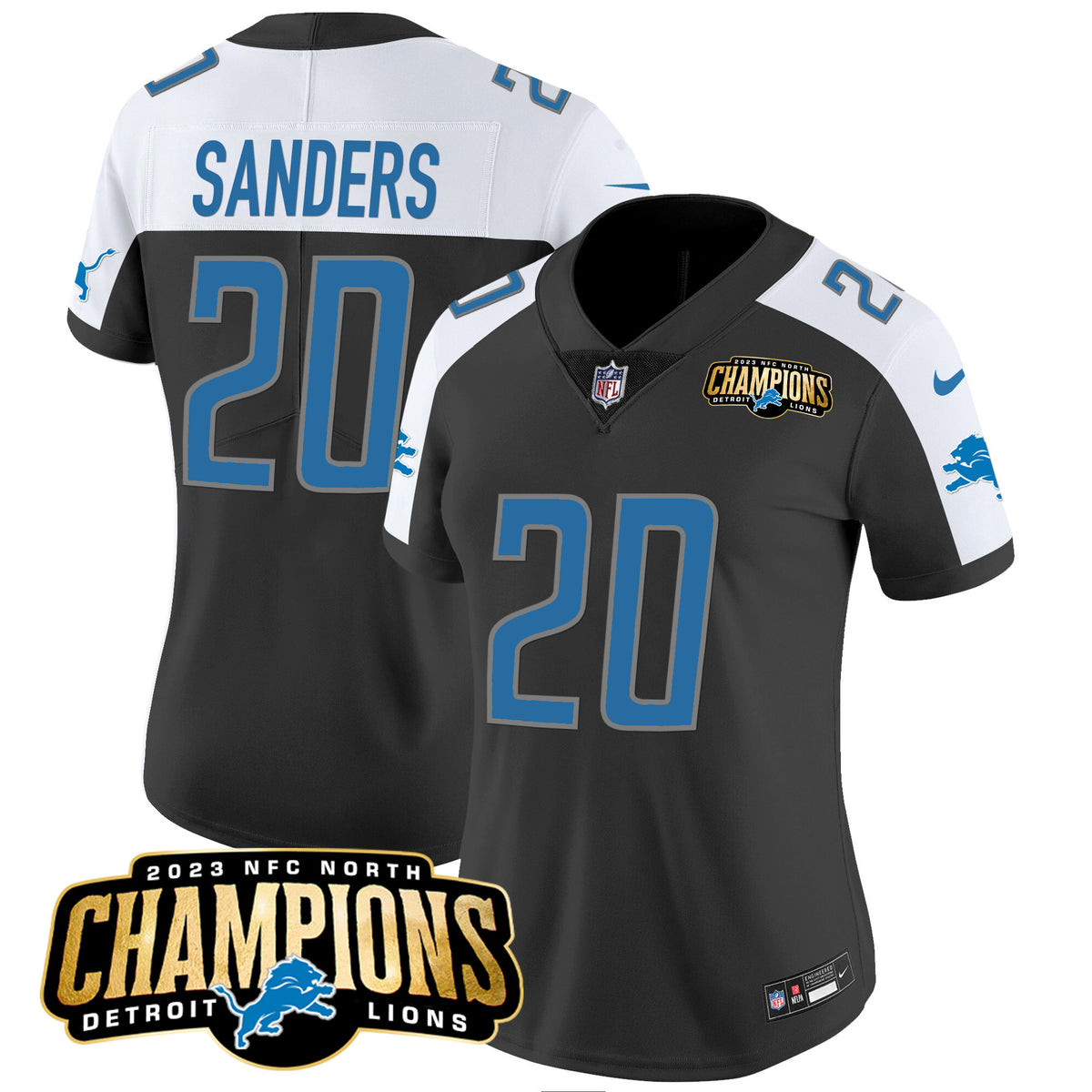 Women's Detroit Lions 2023 NFC North Champions Patch Vapor Jersey - All Stitched - Black Alternate - Barry Sanders — view 1
