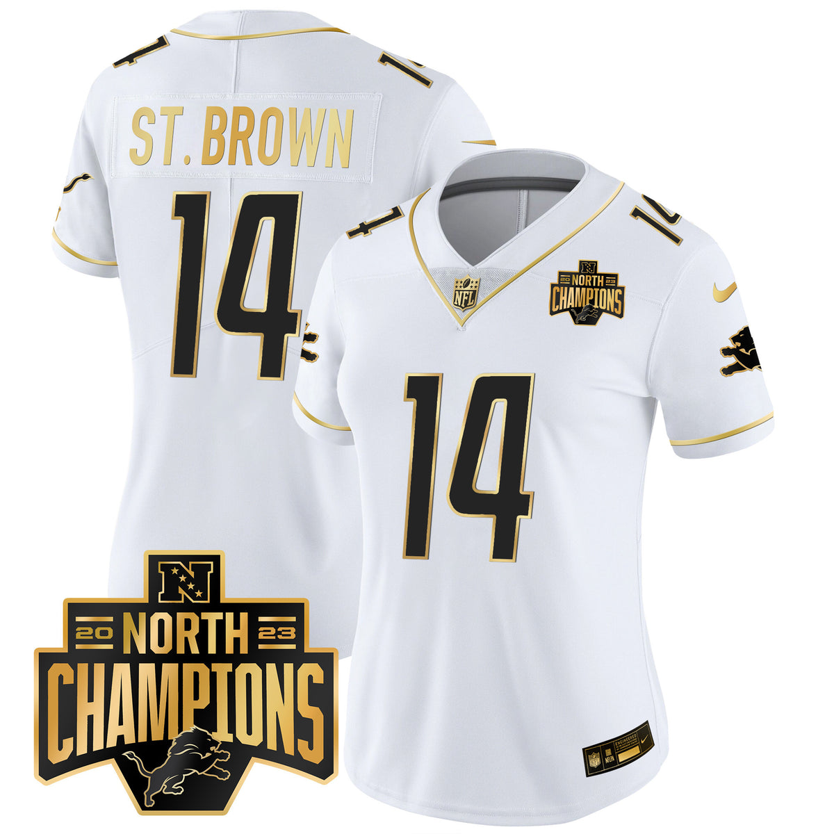 Women's Detroit Lions 2023 NFC North Division Champions Patch Vapor Gold Jersey - All Stitched - White Gold - St. Brown — view 1