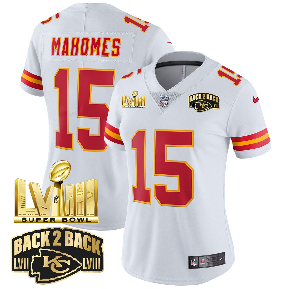 Women's Chiefs Super Bowl LVIII & Back 2 Back Gold Patch Vapor Jersey - All Stitched - White - Patrick Mahomes — view 1
