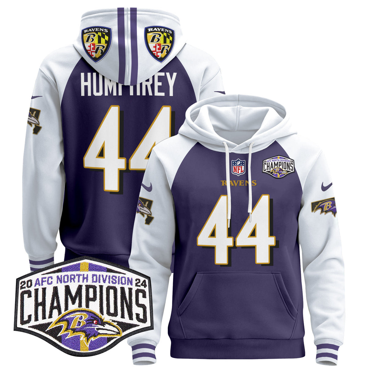 Men's Baltimore Ravens 2024 AFC North Division Champions Patch Pullover Hoodie V2 - All Stitched - Purple Alternate - Marlon Humphrey — view 1