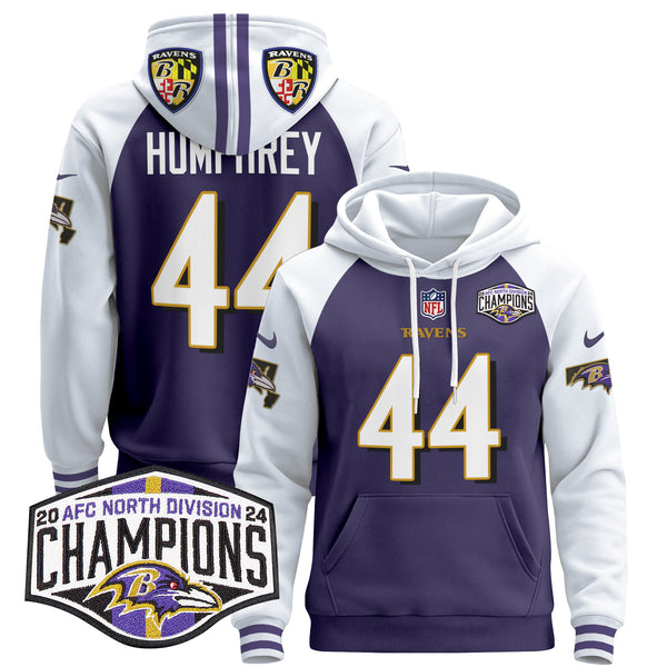 Men's Baltimore Ravens 2024 AFC North Division Champions Patch Pullover Hoodie V2 - All Stitched - Purple Alternate - Marlon Humphrey — view 1