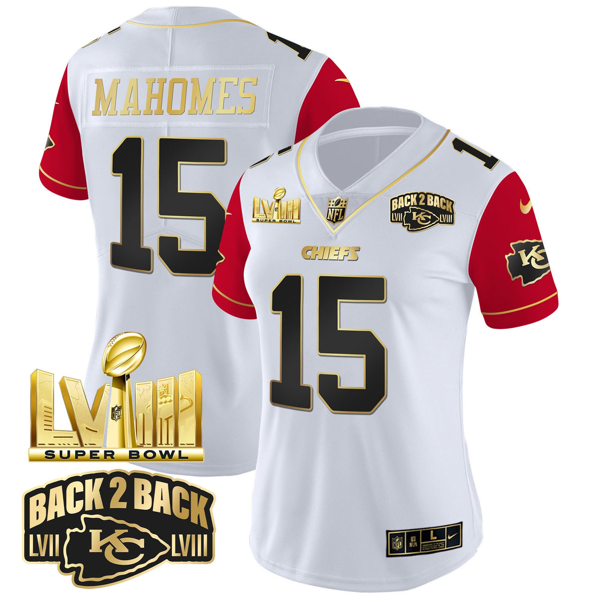Women's Chiefs Super Bowl LVIII & Back 2 Back Gold Patch Vapor Jersey V2 - All Stitched - Color Sleeves - Patrick Mahomes — view 1