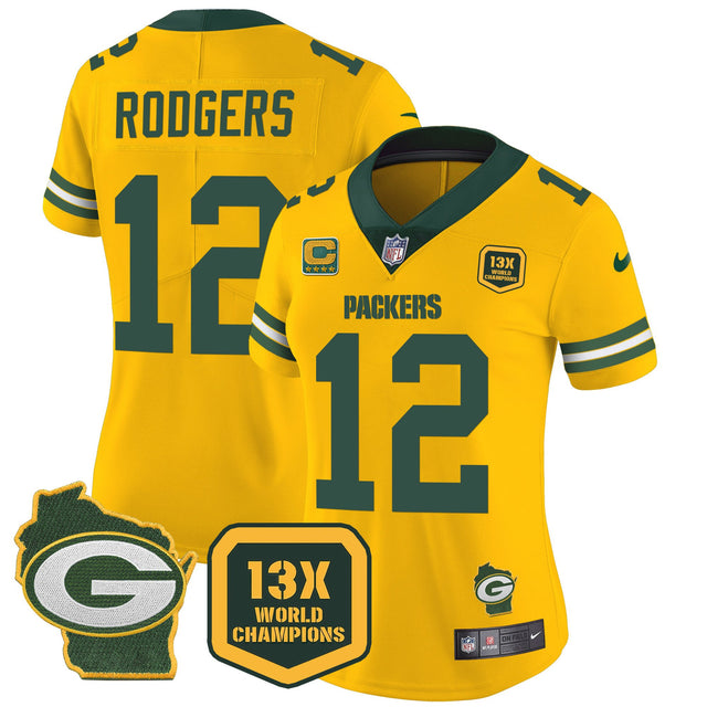 Women's Packers 13 Time World Champions & Home Patch Vapor Jersey – All Stitched - Gold - Aaron Rodgers — view 1