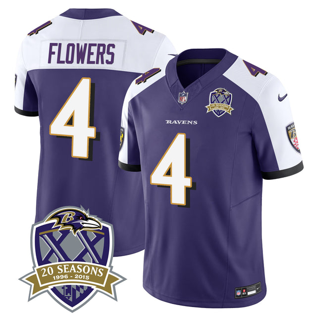 Zay Flowers Baltimore Ravens 20th Season Patch Vapor Limited Jersey - All Stitched - Purple Alternate — view 1