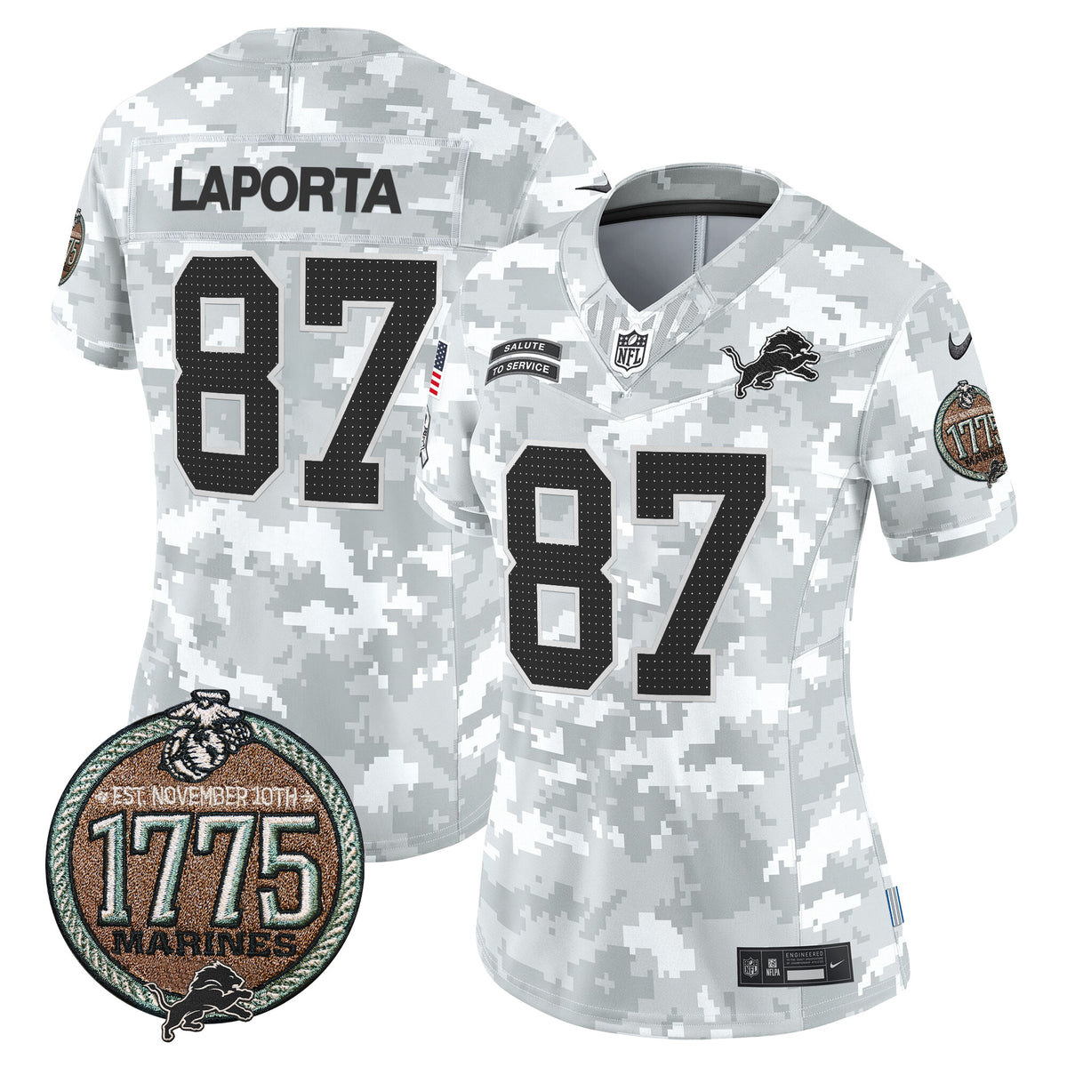 Women's Detroit Lions 2024 Salute to Service Establishment Year Patch Vapor Limited Jersey - All Stitched - Marines - Sam Laporta — view 1