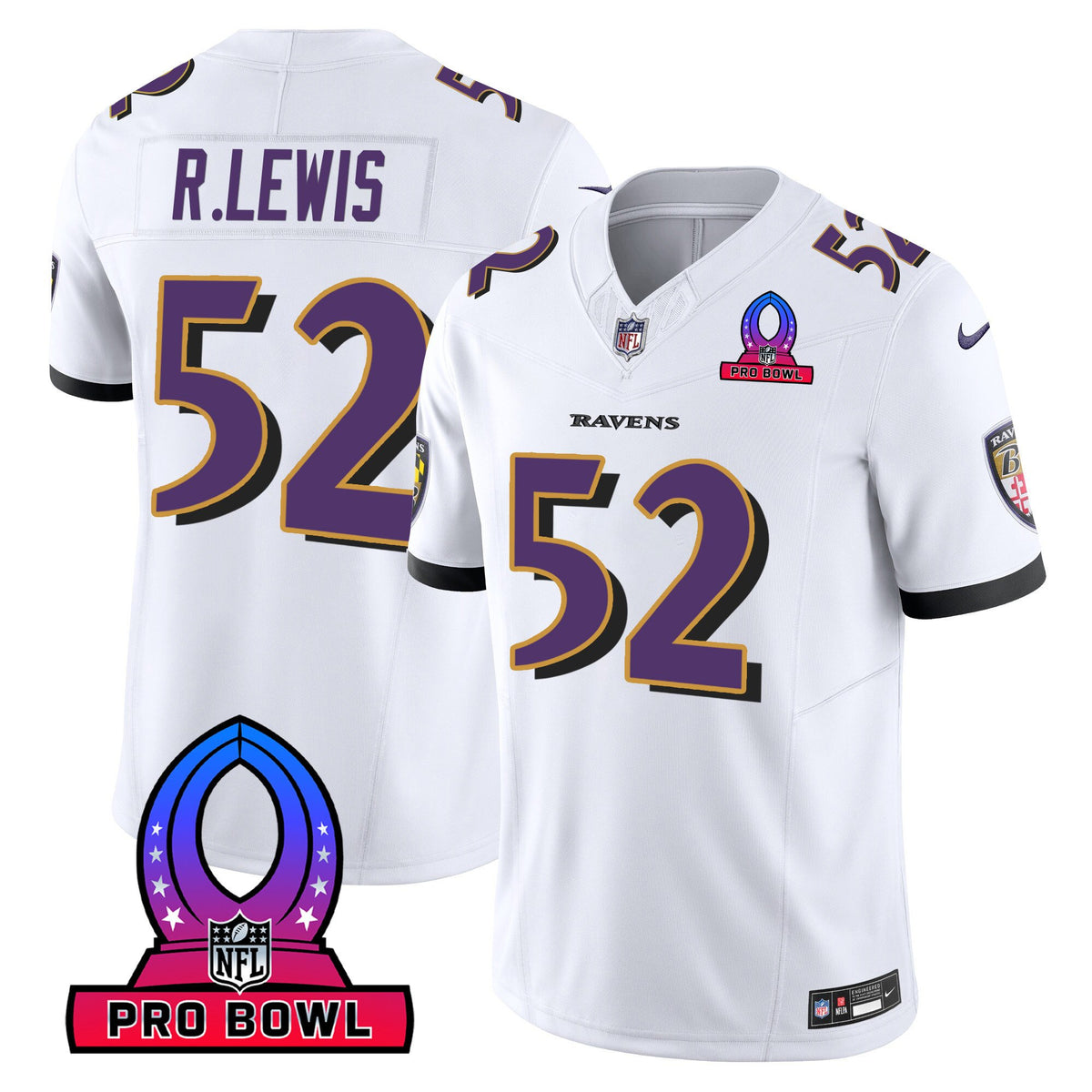 Men's Ravens 2024 Pro Bowl Patch Vapor Jersey - All Stitched - White - Ray Lewis — view 1